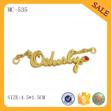 MC535 Gold color letter hang tag design,metal nameplate for clothing/bag